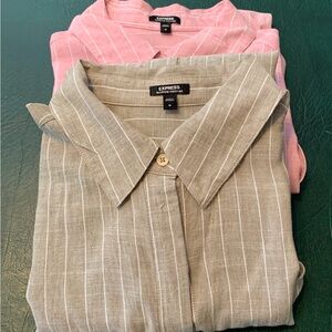 Express Boyfriend Portofino linen, Tan and Pink Striped Button-Down Shirt/blouse